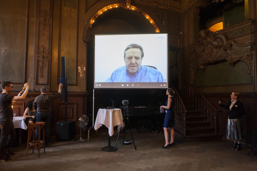 John Perry Barlow addressing the Courage launch, Berlin