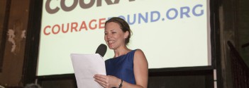 Acting Director of Courage, Sarah Harrison, speaks at the organisation's Berlin launch event